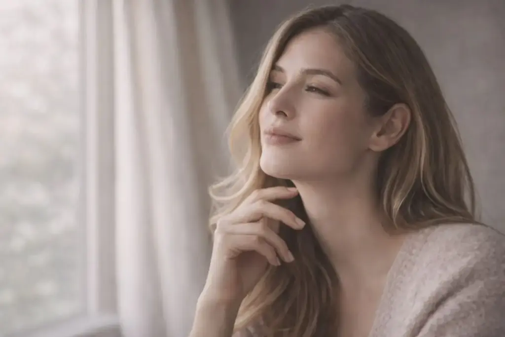 Woman with natural lip balance and relaxed expression in soft natural light